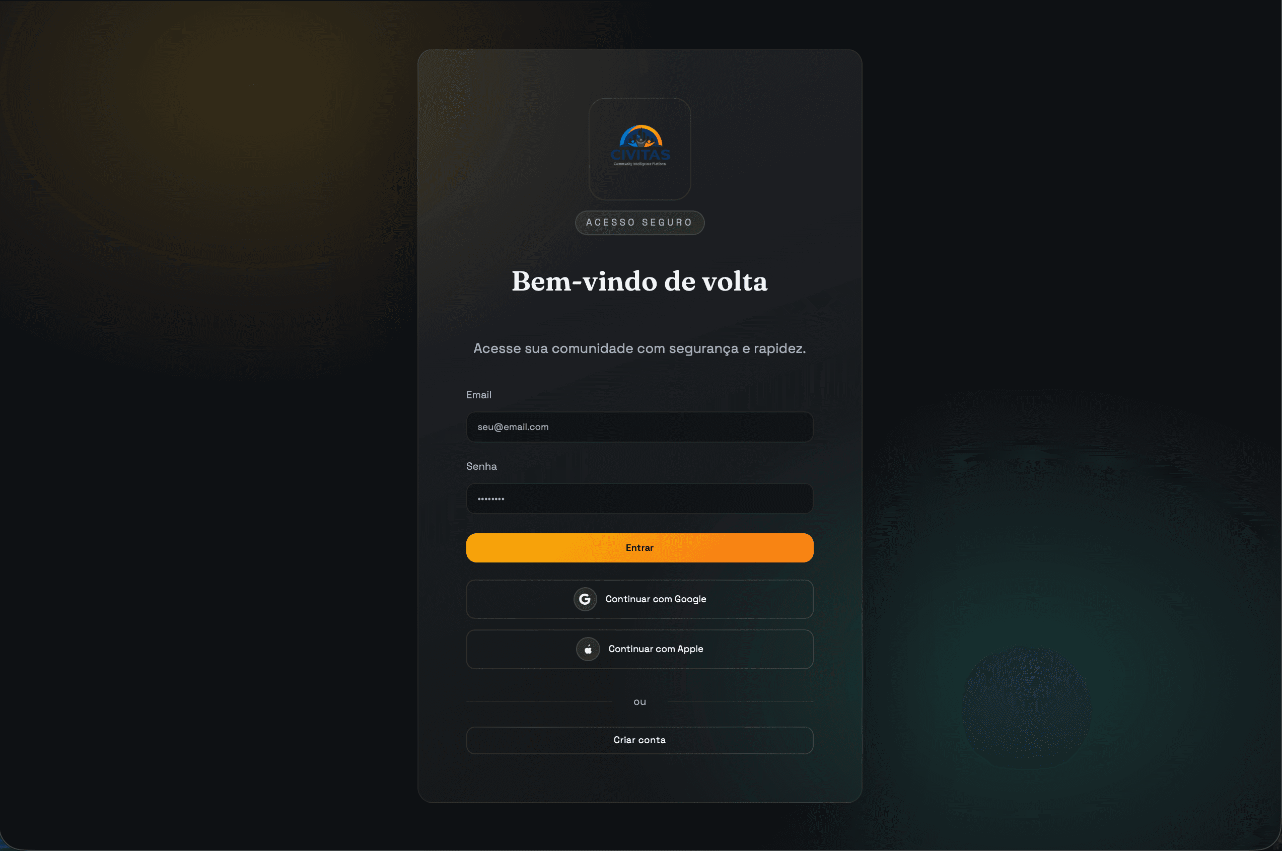 Tela de login da plataforma Civitas